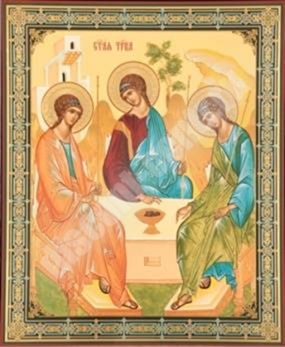 Икона Троица Рублевская 3 на деревянном планшете 30х40 двойное тиснение, ДСП, ПВХ, с частицей святой земли в мощевике церковная