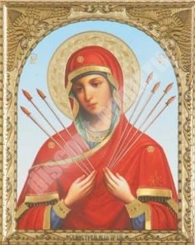 Икона Семистрельная Божья матерь Богородица на деревянном планшете 6х9 двойное тиснение, упаковка, ярлык русская
