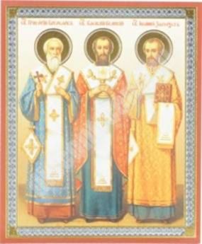 Икона Иоанн Василий Григорий святители 2 на деревянном планшете 6х9 двойное тиснение, аннотация, упаковка, ярлык под старину