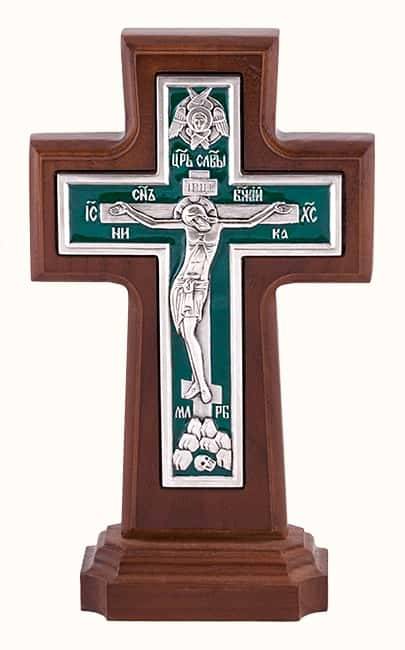 Крест деревянный 17119-1, с вклейкой из гальваники, с эмалью, на подставке, с посеребрением, ясень