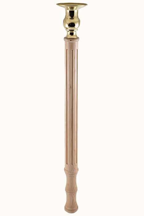 Подсвечник диаконский латунный №1 с деревянной резной ручкой из кавказского клёна, резьба - вертикальные полосы, высотой 65 см
