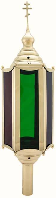 Фонарь для крестного хода латунный шестигранный, с цветным стеклом, без древка